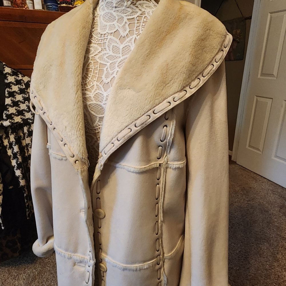 Dennis Basso Beige Shearling Coat with Loop Stitch Detail